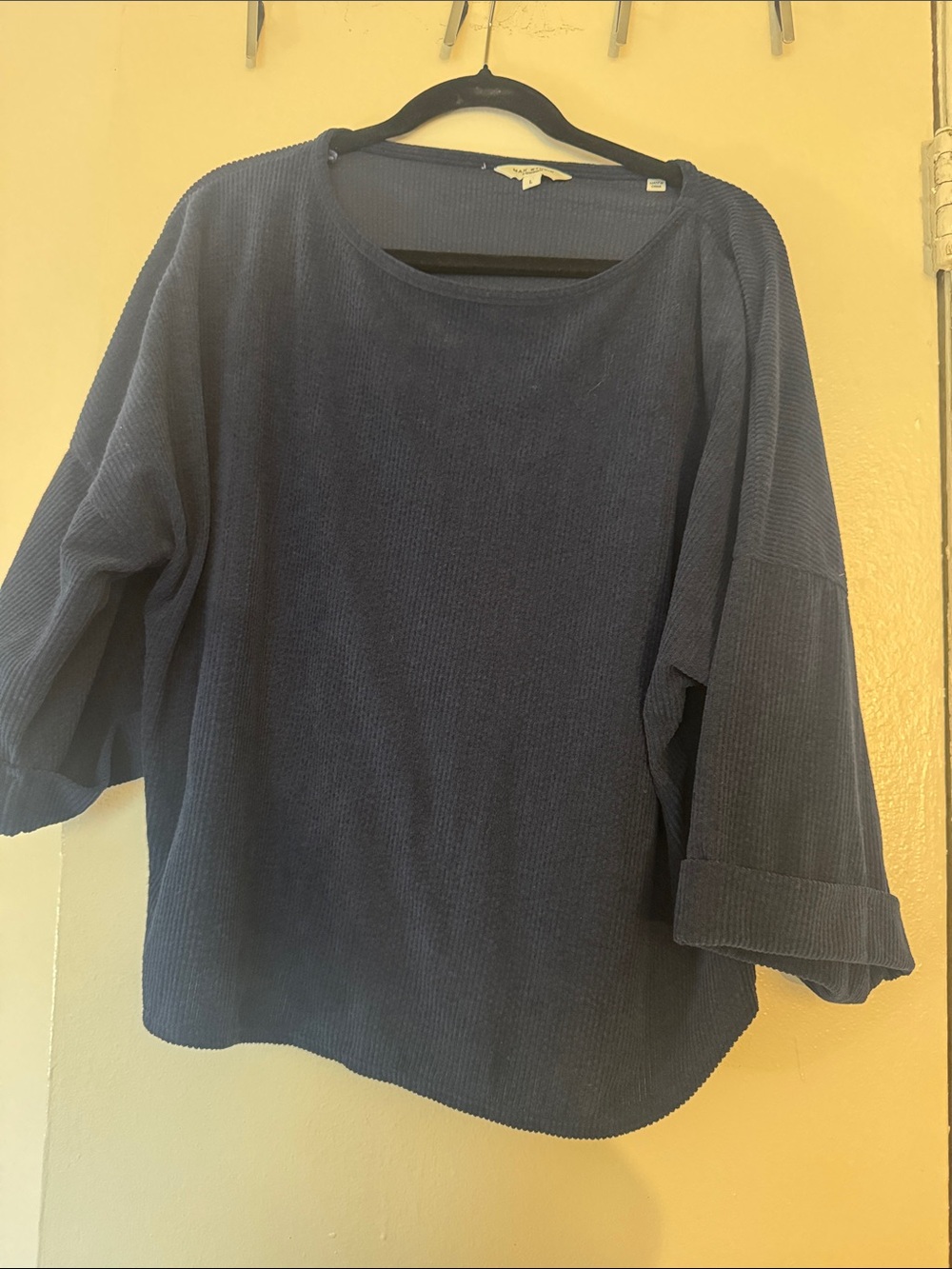 Max Studio Navy Ribbed Relaxed Scoop Neck Top